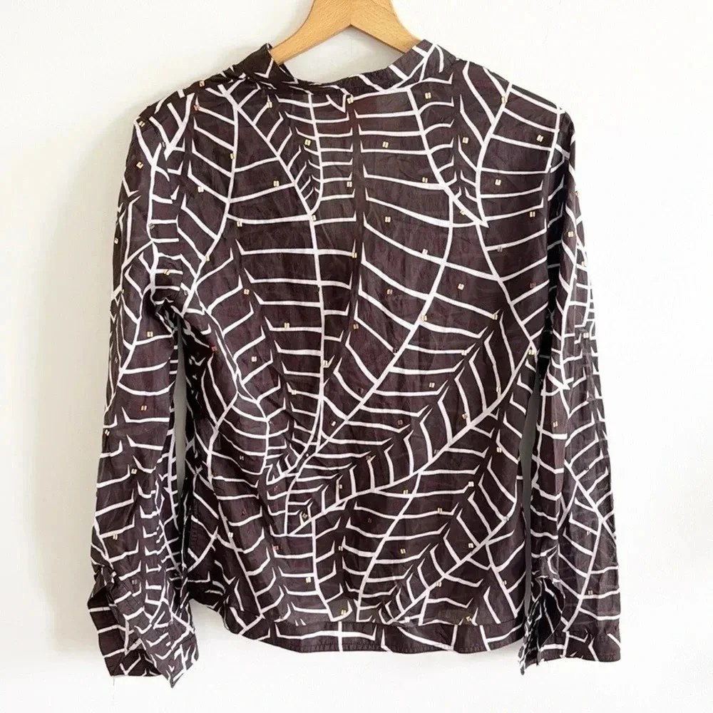 Tory Burch brown leaf Printed Cotton V-Neck Long Sleeve Tunic Top Blouse Size 6